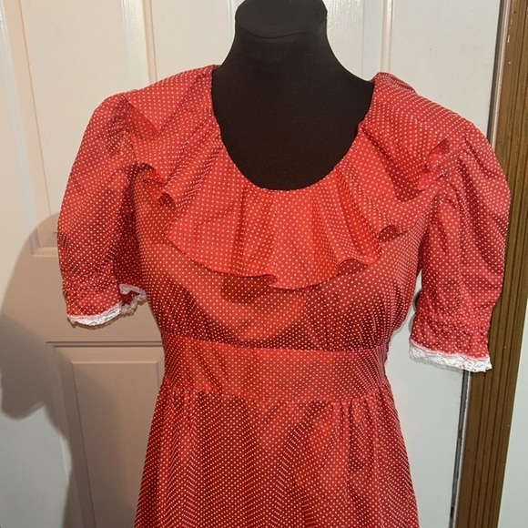 Vintage 60s, 70s Red and White Dotted Ruffle Dress Prairie Style Size Med? - Picture 2 of 6